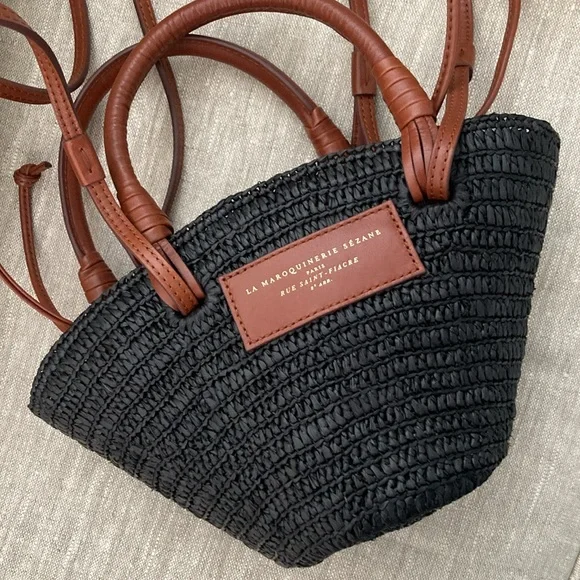 Sezane Mini Justine Basket Bag in Black with Brown Leather Trim - Picture 3 of 7